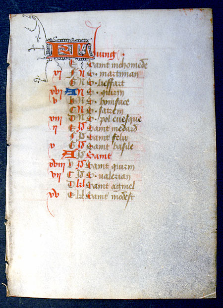 Book of Hours Calendar Leaf for June c. 1430-50