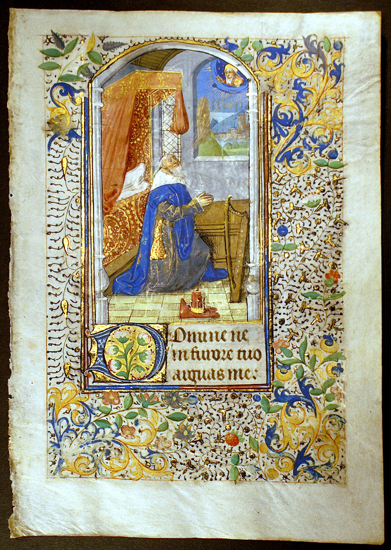 Medieval Book of Hours Leaf - King David in Prayer