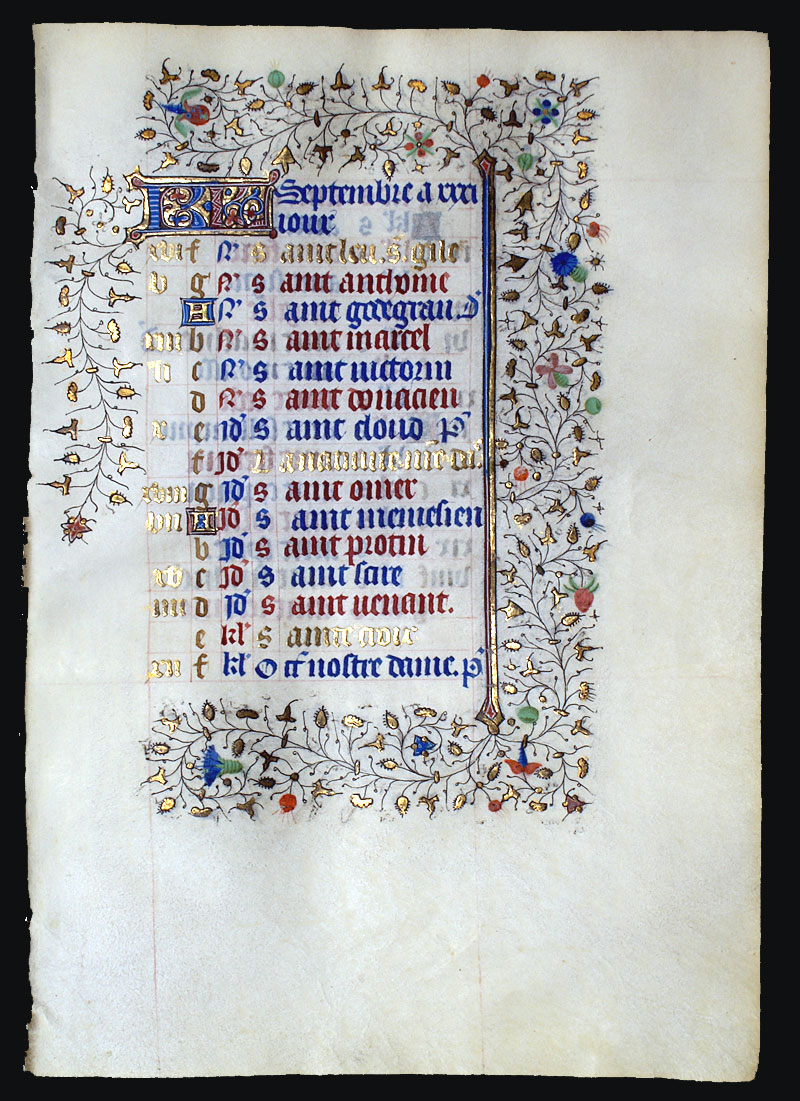 Book of Hours Calendar Leaf for September, c. 1420-40