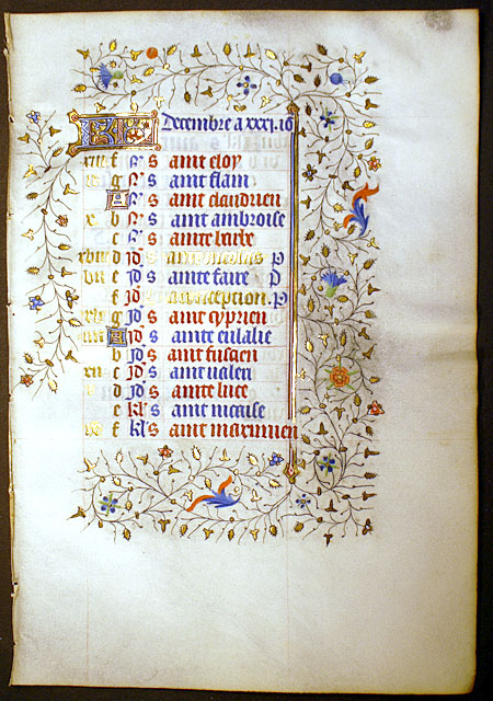Book of Hours Calendar Leaf for December, c. 1420-40