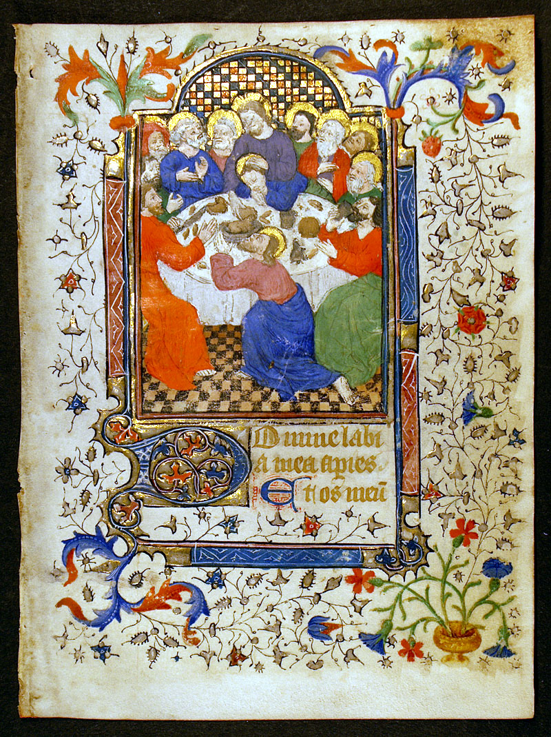 Medieval Book of Hours Leaf - The Last Supper  c. 1420-30