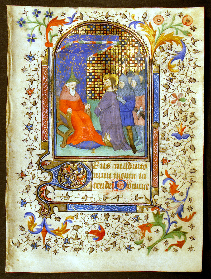 Medieval Book of Hours Leaf - Christ before Caiaphas