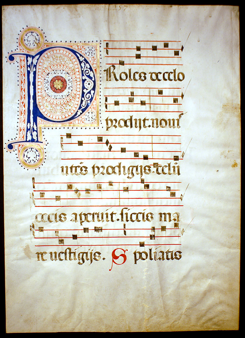 Medieval Choirbook Leaf - elaborate illuminated initial c 1470