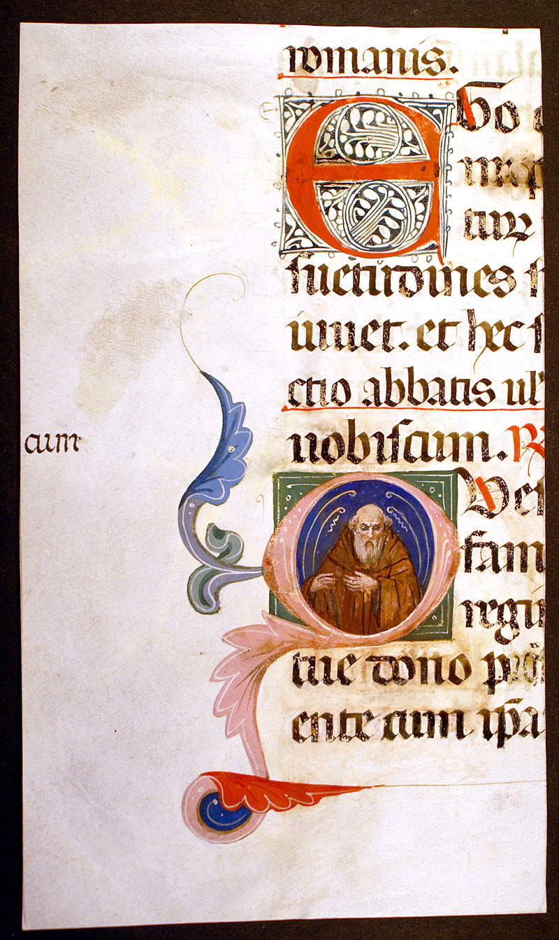Medieval Manuscript Fragment - miniature of St Anthony - c 1375