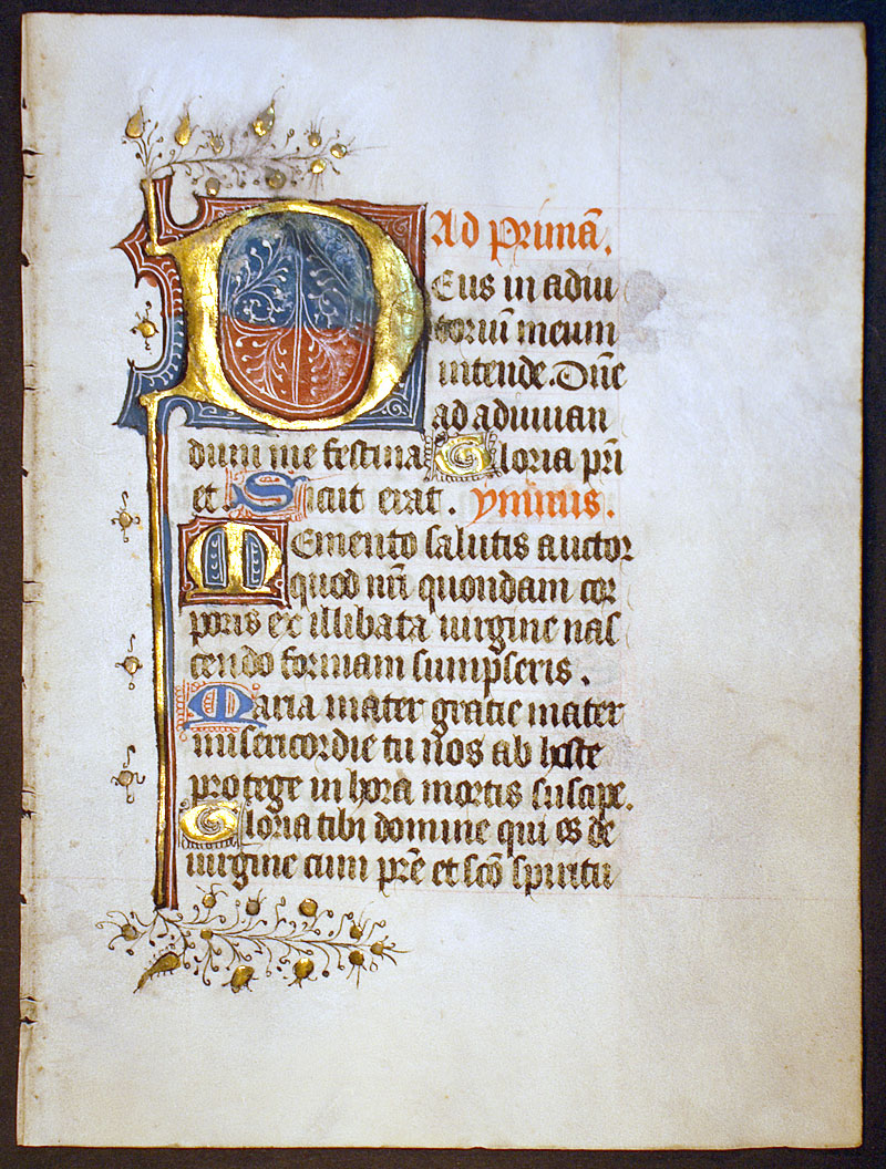 Medieval Book of Hours Leaf - Beautiful illuminated initial