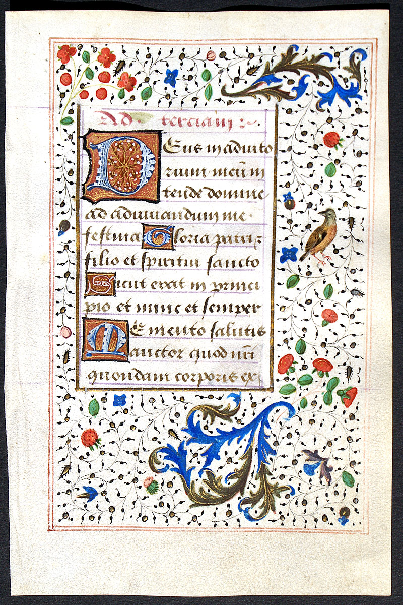 Beautiful Book of Hours leaf with elaborate borders, c 1485