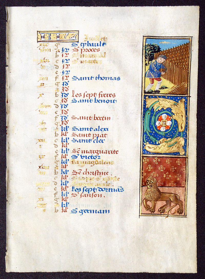 Book of Hours Calendar Leaf for July & August c 1490-1510