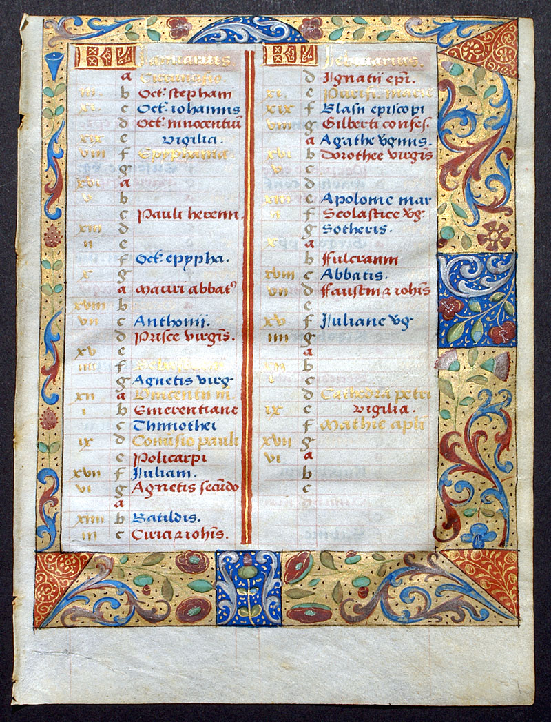 Book of Hours Calendar Leaf for Jan Feb Mar & Apr c. 1470-90