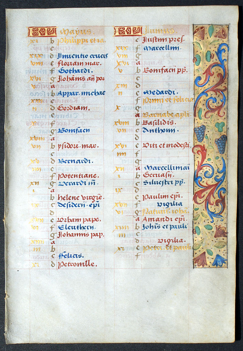 Book of Hours Calendar Leaf for May, June, July & Aug c. 1470-90