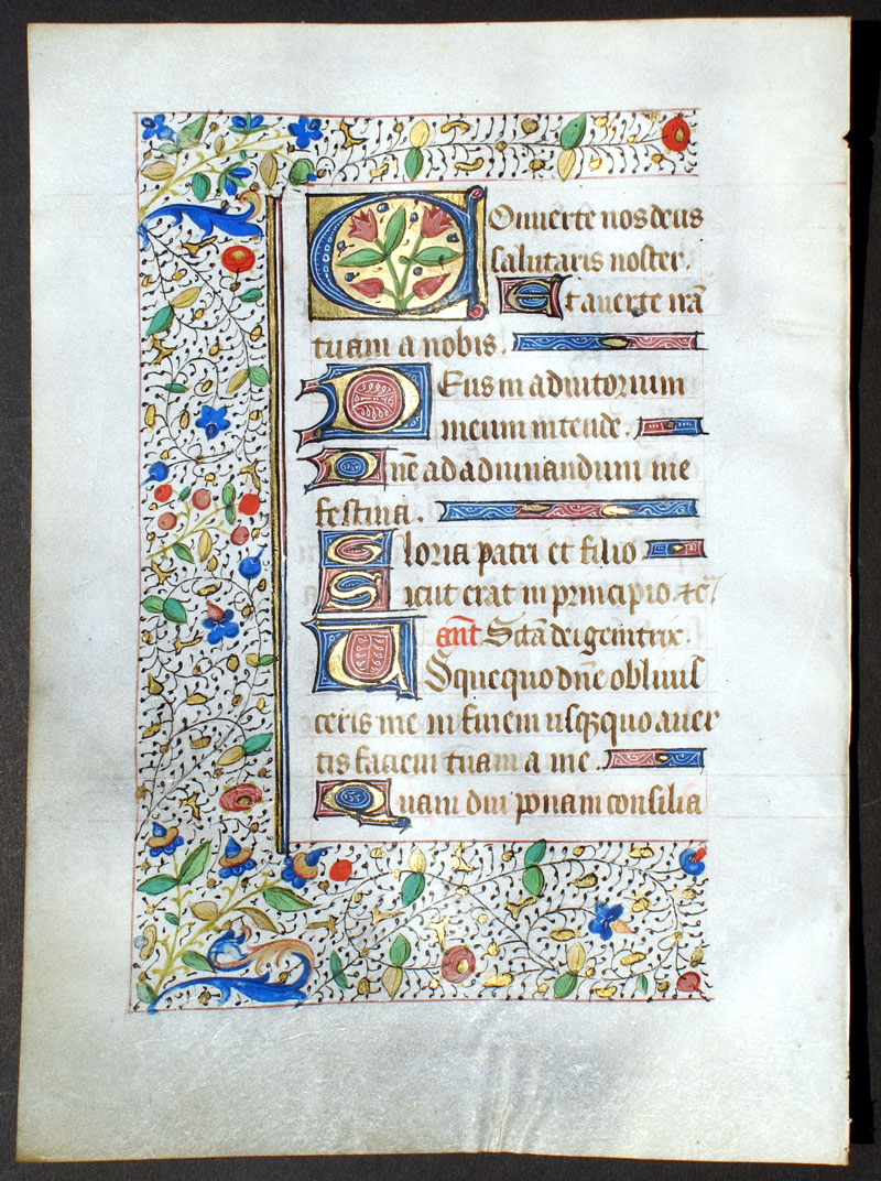 Book of Hours Leaf w elaborate rinceaux border - c 1450-75