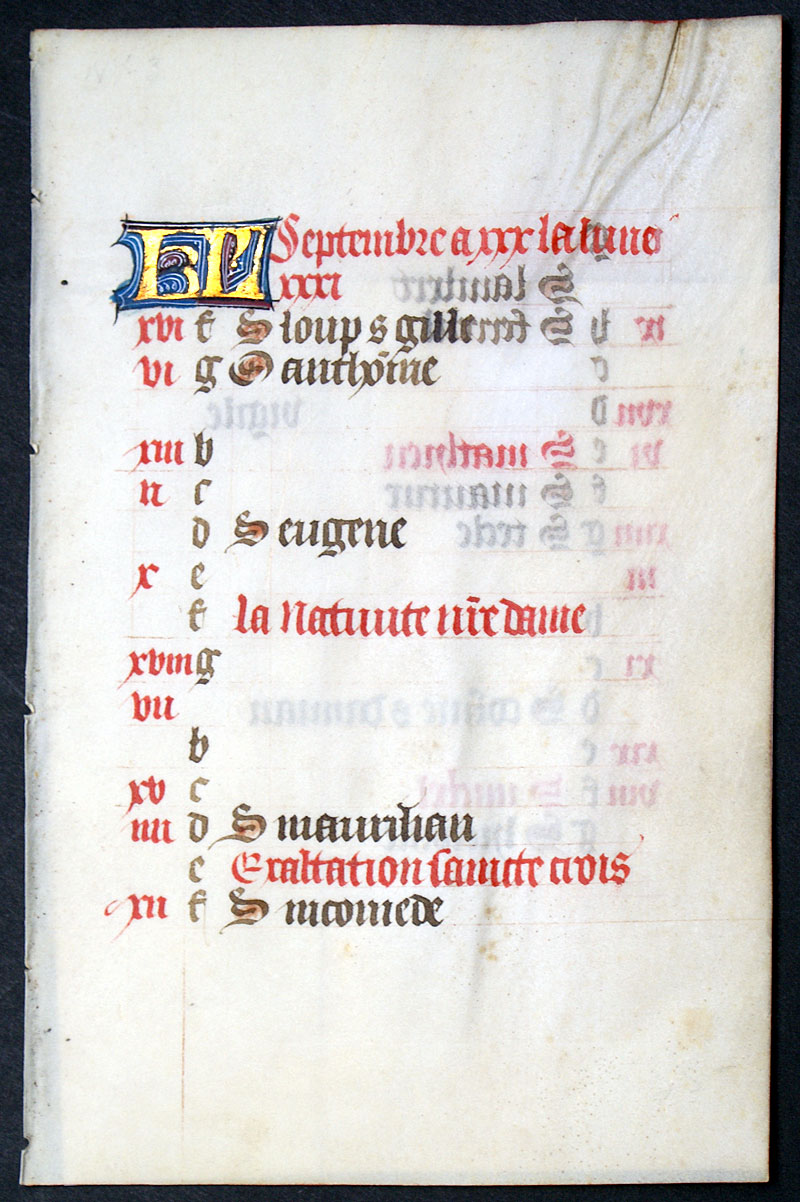 Book of Hours Calendar Leaf for September c 1470