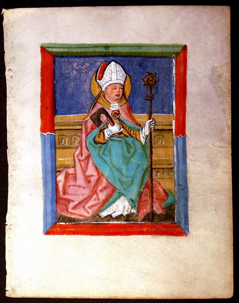 A German Medieval Book of Hours Leaf - Miniature of St Wolfgang