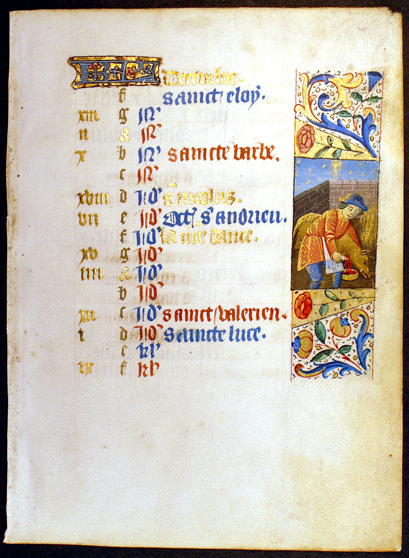 Calendar Leaf for December c 1460 from a Medieval Book of Hours
