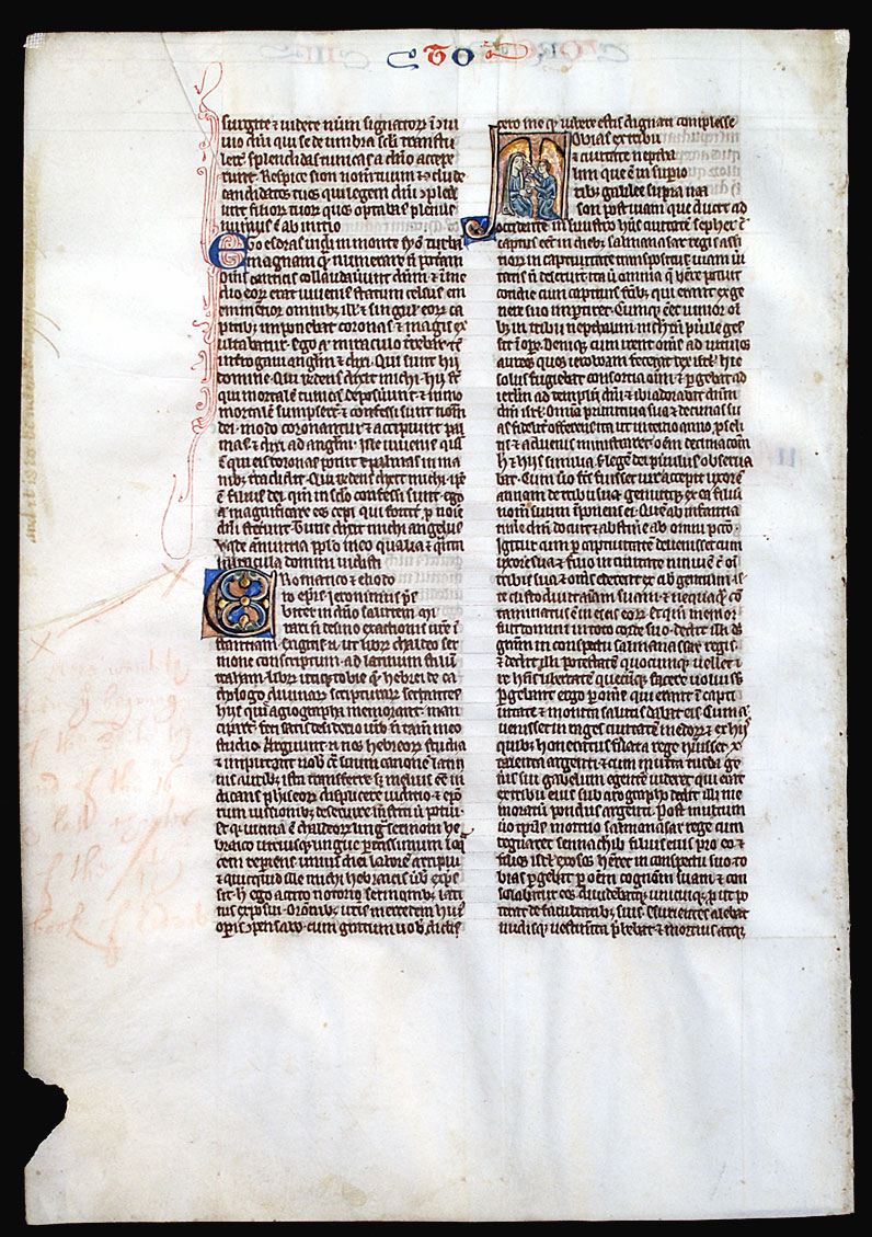 Tobias and the Angel Raphael - Oxford Bible Leaf c.1230-50