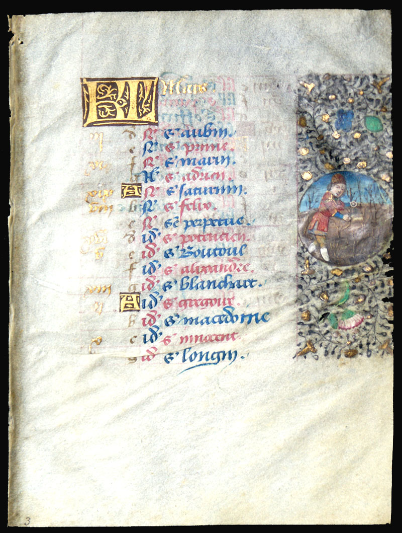 c 1470 Book of Hours Calendar Leaf for March