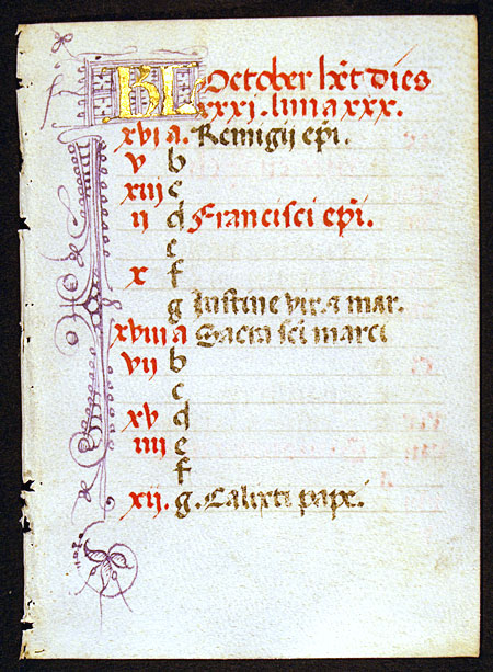 Book of Hours Calendar Leaf for October, c. 1470