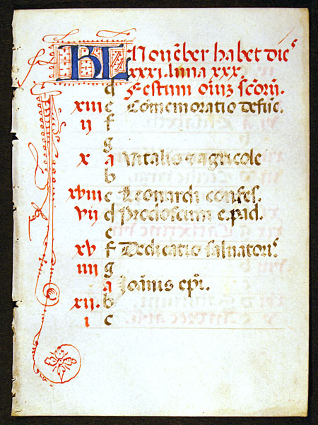 November Calendar Leaf from Book of Hours, c. 1470