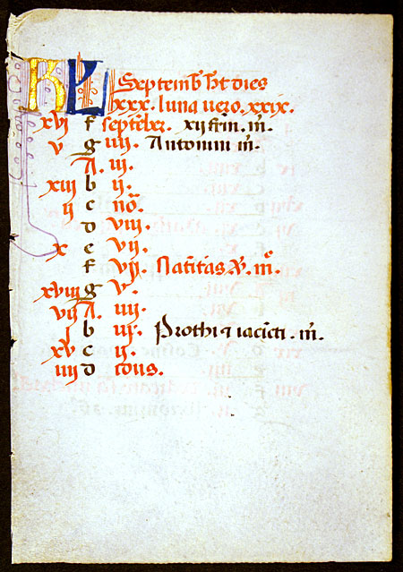 Book of Hours Calendar Leaf for September, c. 1470