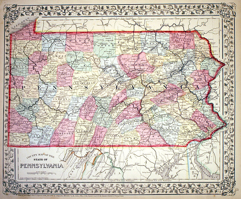 ''County Map of the State of Pennsylvania'' c 1867 Mitchell