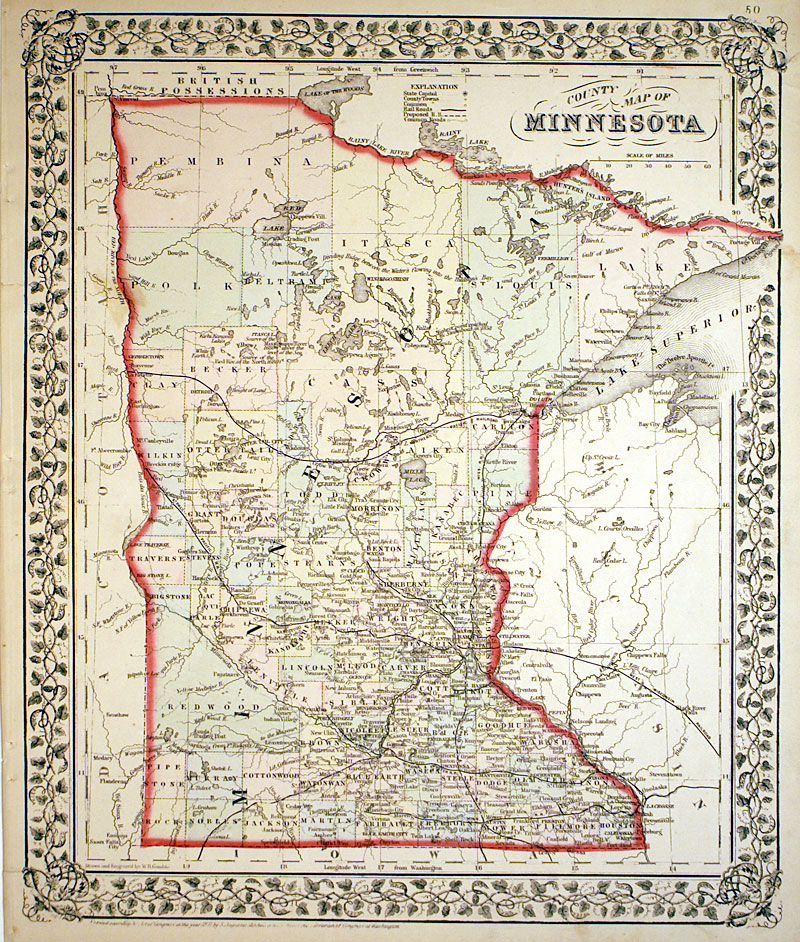 c 1871 â€œCOUNTY MAP OF MINNESOTAâ€  - Mitchell