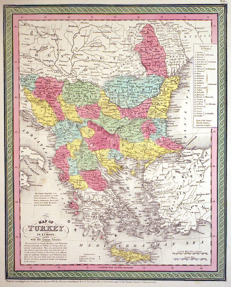 â€œMAP OF TURKEY IN EUROPEâ€ Balkans, c 1854 - Cowperthwait