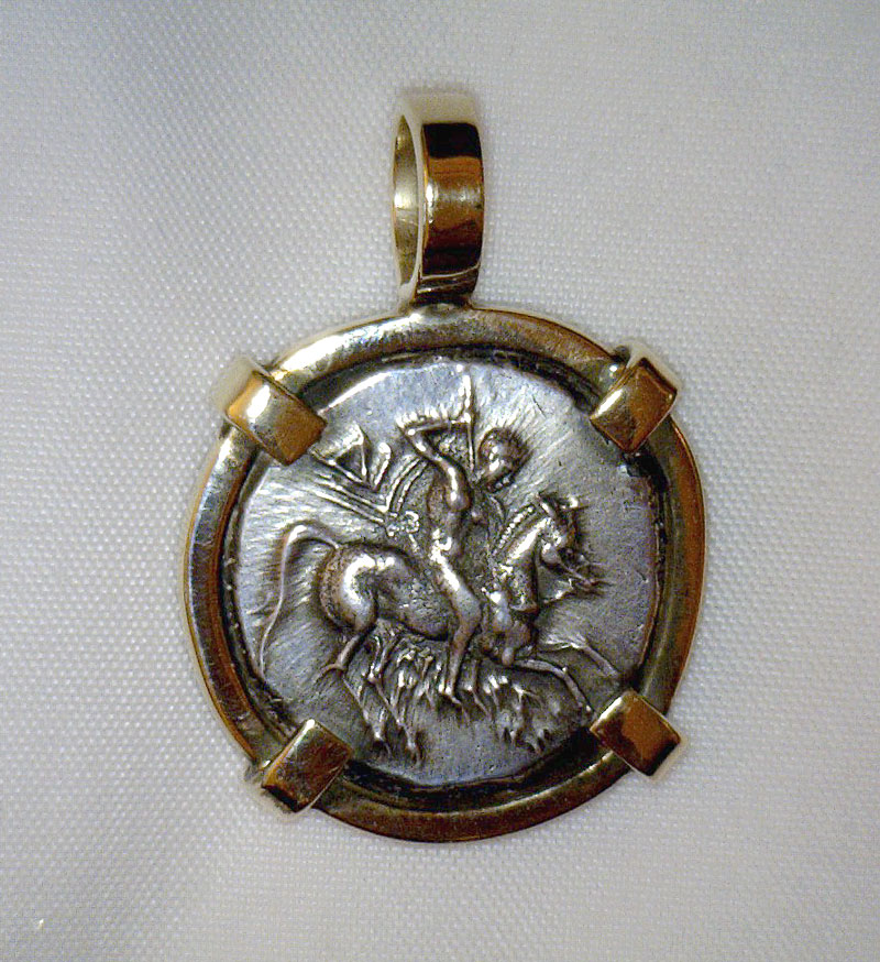 Ancient Silver Coin - Boy on Dolphin in Modern 14k Gold Mount