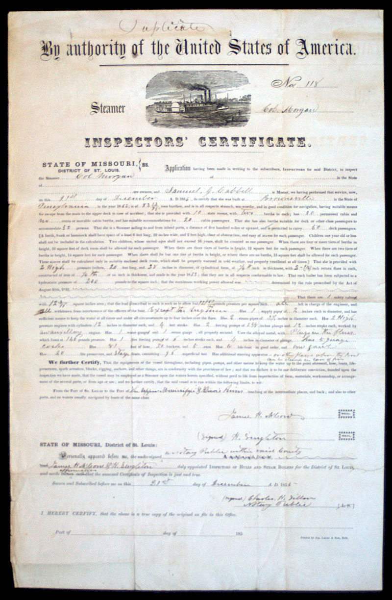 1855 Inspectors' Cert for Steamboat 
