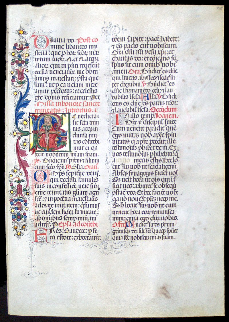 c 1470-80 Missal Leaf - Miniatures of Trinity and Pentecost