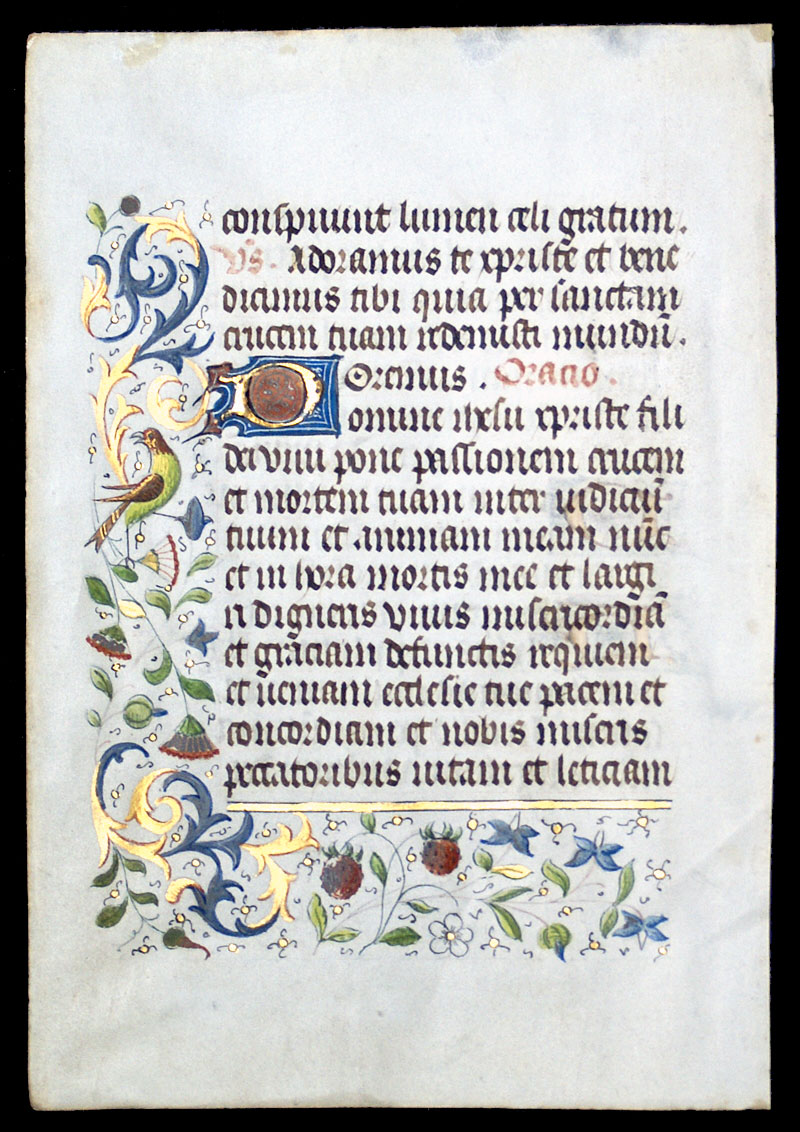 Book of Hours Leaf - c 1440-60 - Bird & Flowers in margin