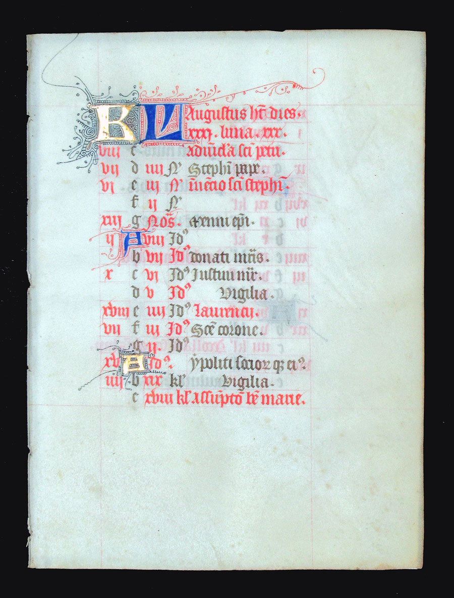 c 1425-50 Book of Hours Calendar Leaf for August