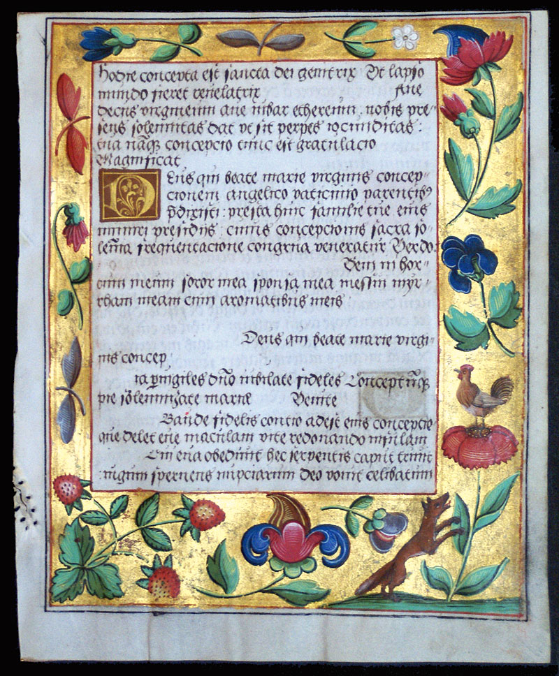 Aesop's Fable Prayer Book Leaf, c 1524 - Fox & Rooster & Dog