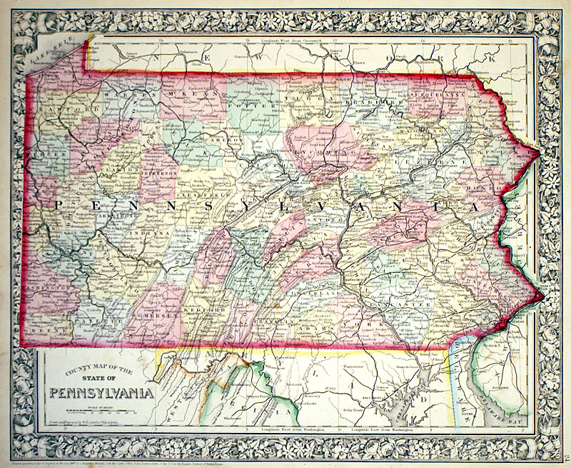 ''County Map of the State of Pennsylvania'' c 1865 Mitchell