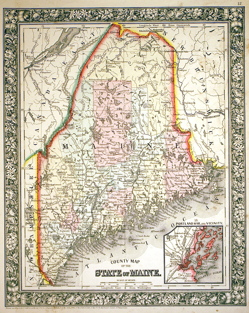 ''County Map of the State of Maine'' c 1860 - Mitchell