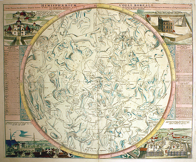 2 Celestial Charts - Northern & Southern Skies, c 1742 - Homann