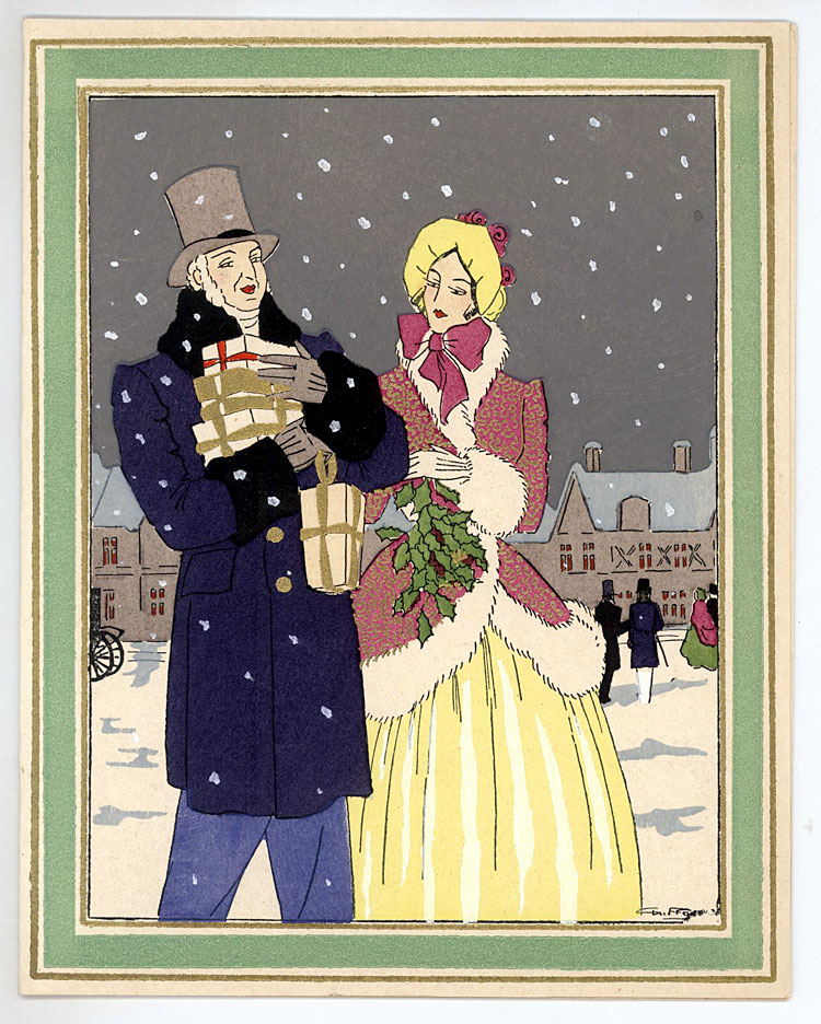 1920's FRENCH POCHOIR HOLIDAY CARD