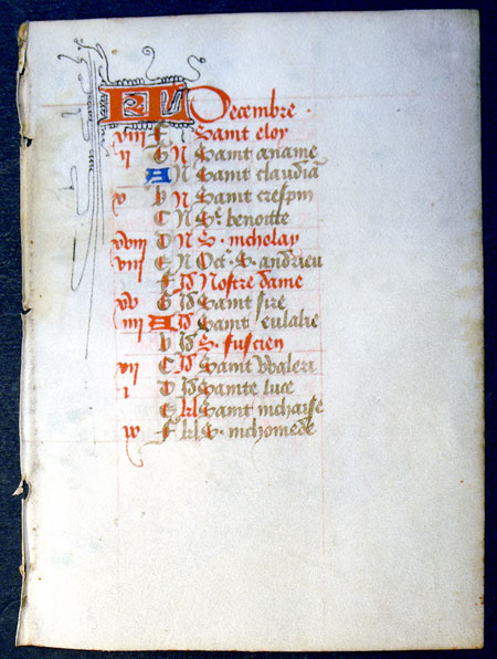 Book of Hours Calendar Leaf for December, c. 1430-50