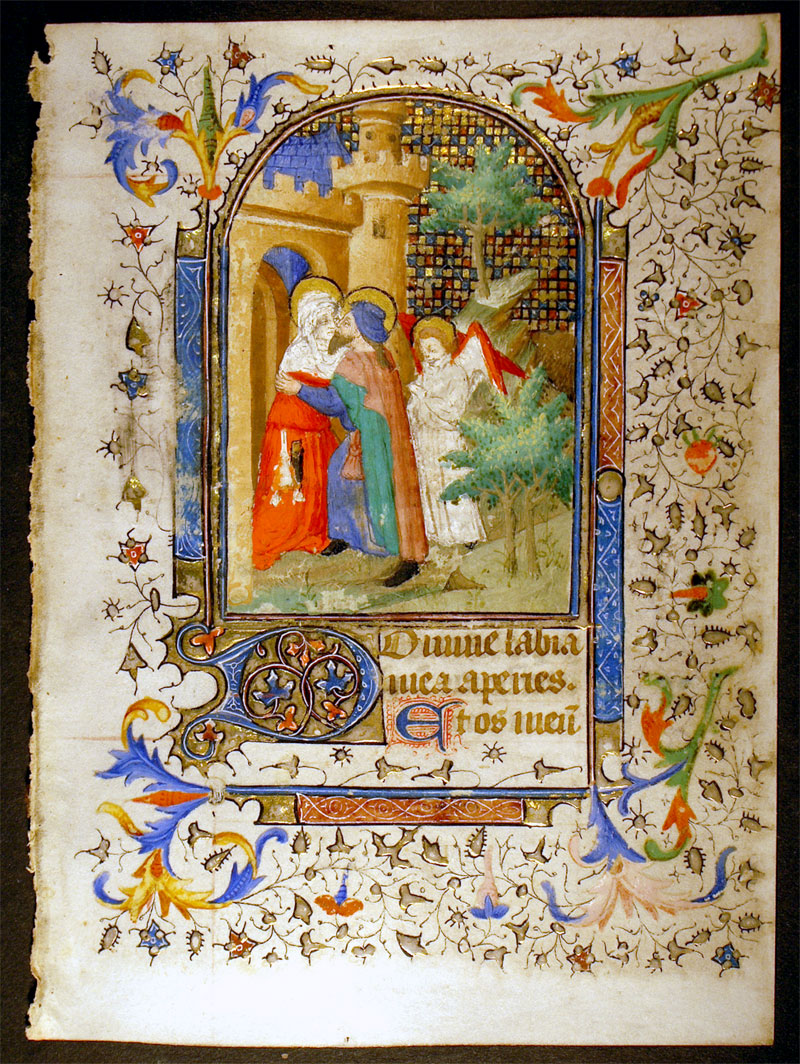 Medieval Book of Hours Leaf - Meeting at Golden Gate, c. 1420-30