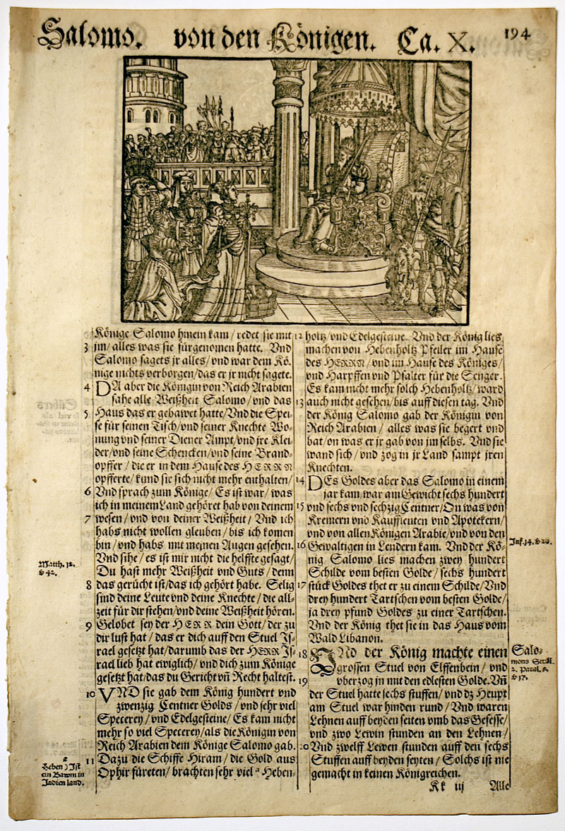 Luther Bible Leaf with woodcut illustrations - c. 1594 - Solomon