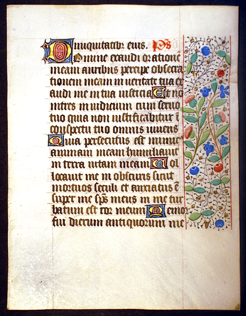 Medieval Book of Hours Leaf c 1460 - Floral border - Psms