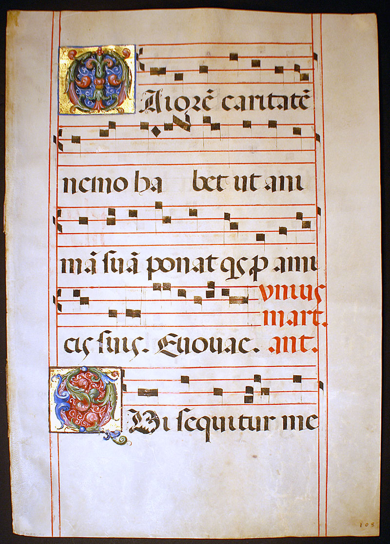 Gregorian Chant with 3 wonderful initials - c 1500 - Italy
