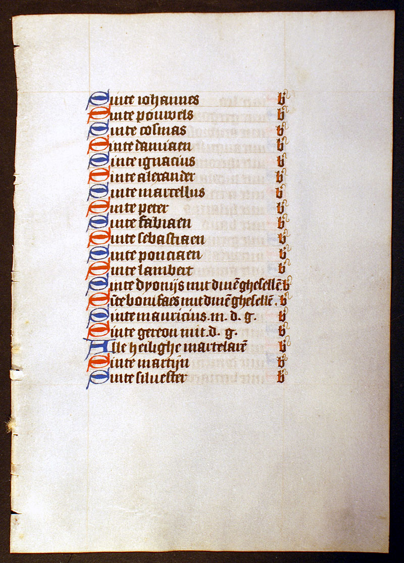 Dutch Medieval Book of Hours Litany Leaf c 1460