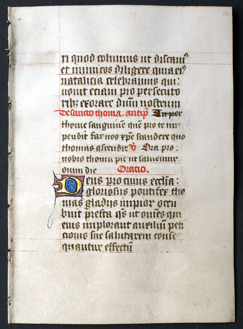 Medieval Book of Hours Leaf - c 1450 - St Thomas Becket