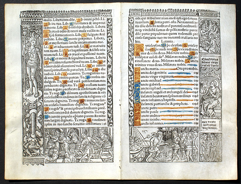 Two continuous Book of Hours Leaves - c 1518 - Litany of Saints