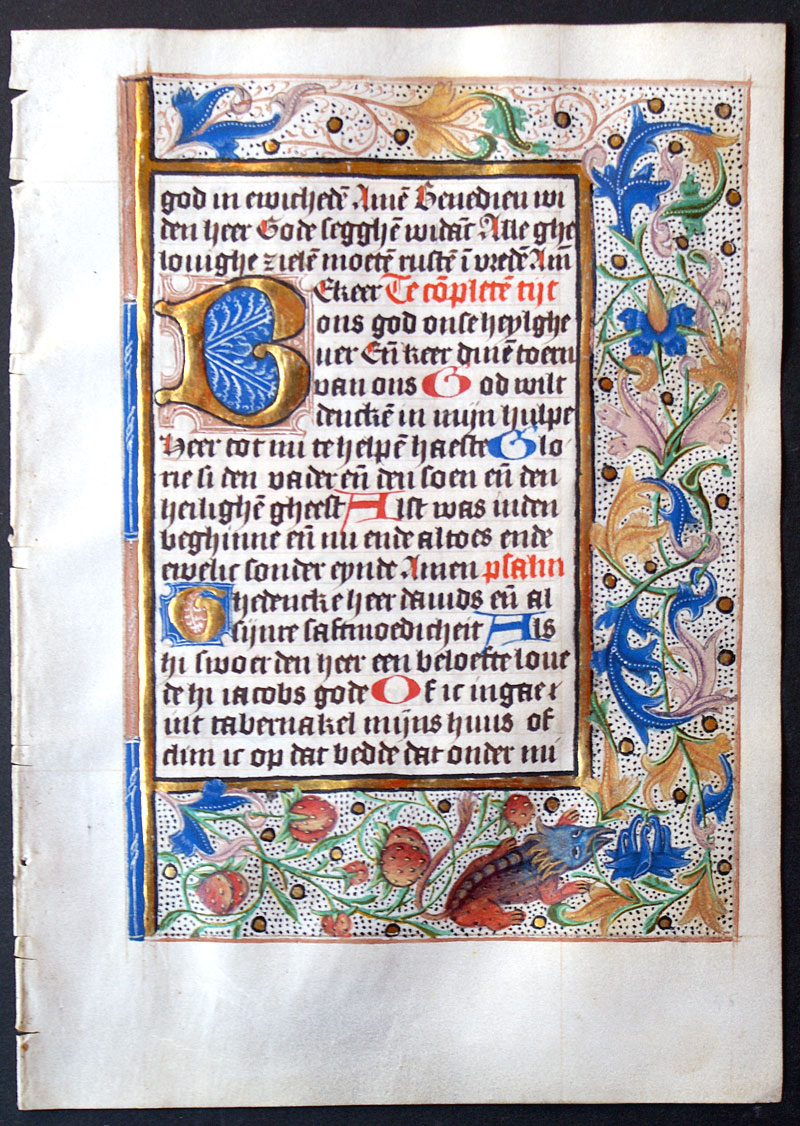 Medieval Book of Hours Leaf c 1460 - Dutch - Creature in margin