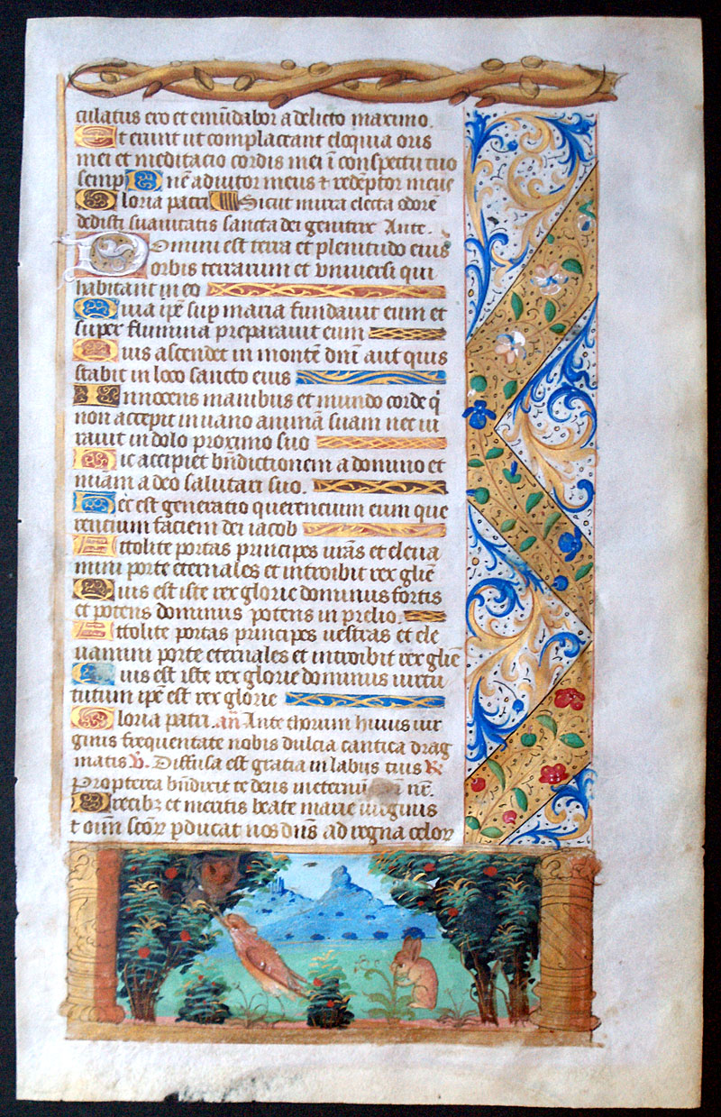 Boar Hunt, Bird, Rabbit, Creature - c 1490 Book of Hours Leaf