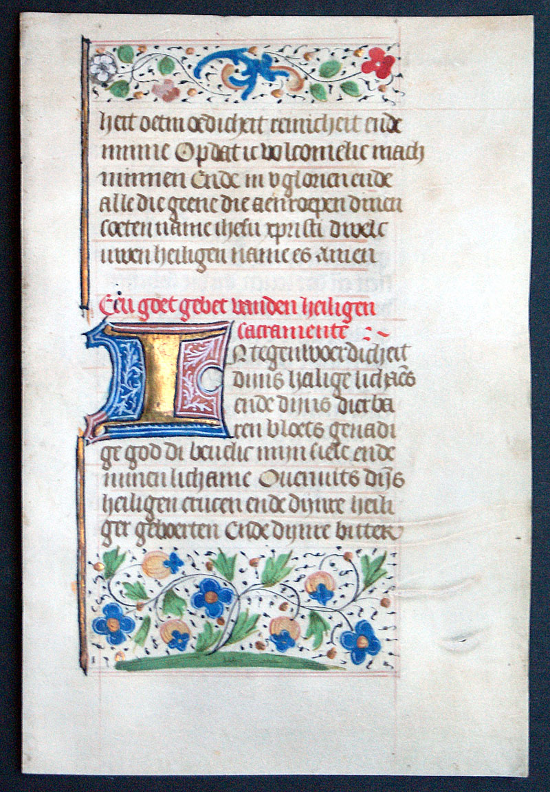 c 1475 Book of Hours Leaf - Dutch Text - Floral Border