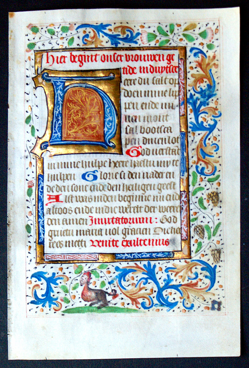 Book of Hours Leaf - c 1475 - Whimsical Creature & Pinecones