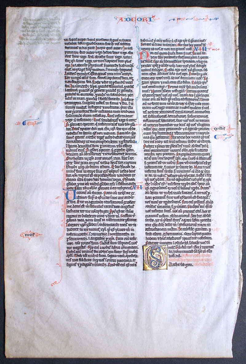Medieval Bible Leaf c 1225-50 - II Corinthians Stork in Initial