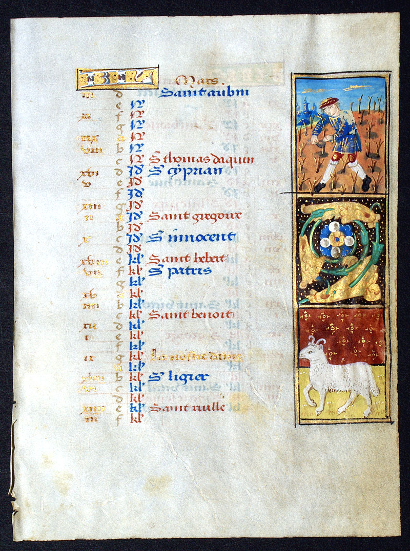c 1490-1510 Book of Hours Calendar Leaf for March & April