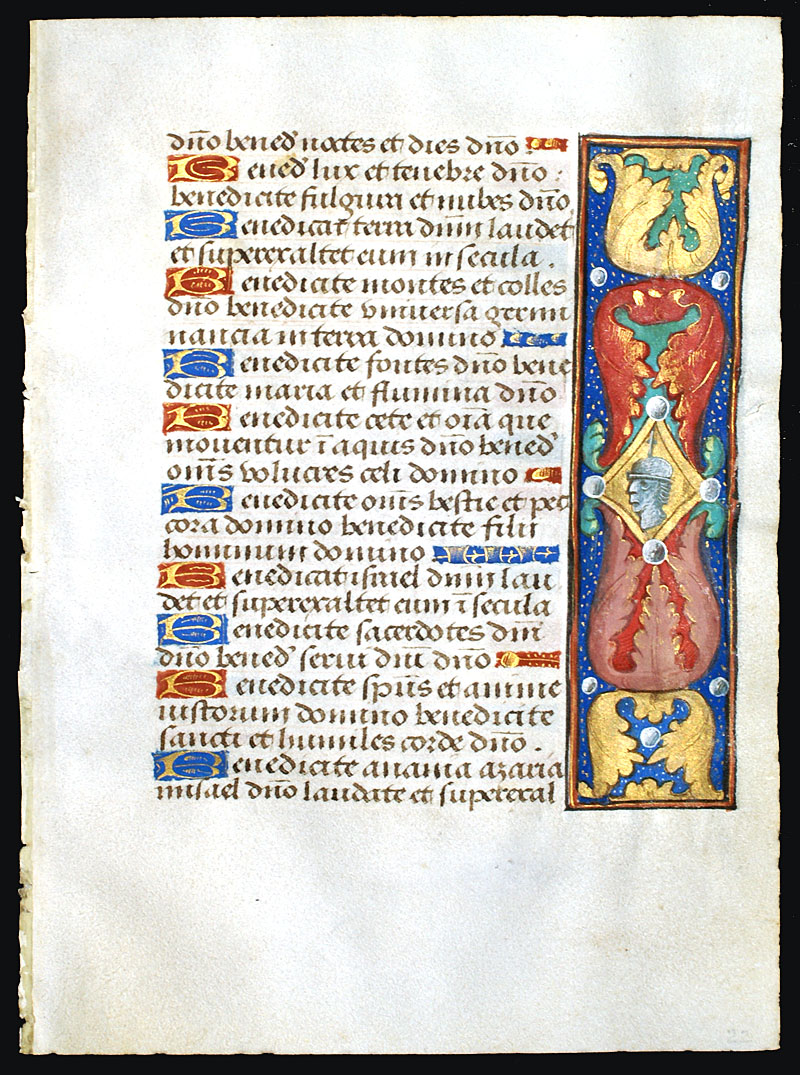 c 1490-1510 Book of Hours Leaf with bust of helmeted man